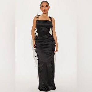 Fashion Nova Black Satin Maxi Dress with Side Tassel Detail
